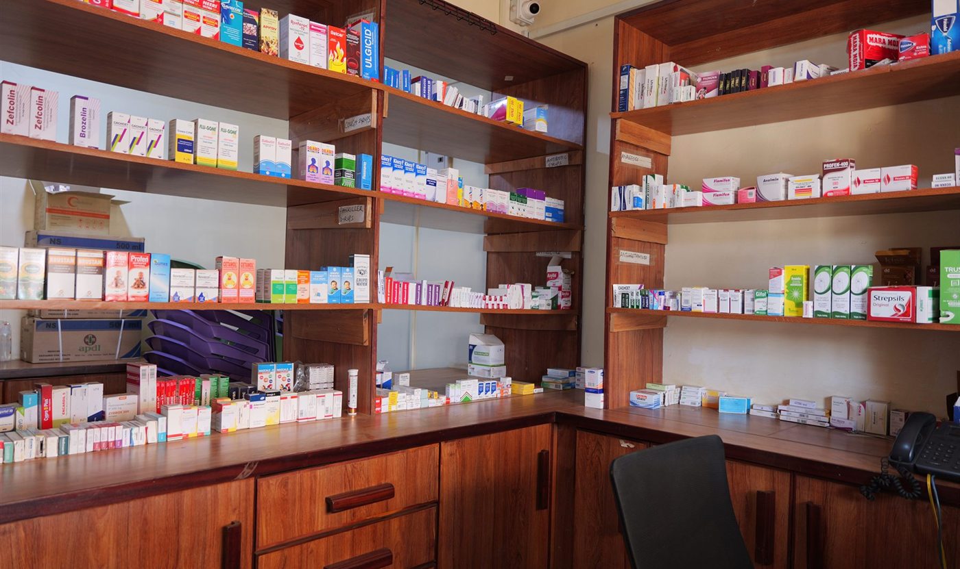Shelves in the Hamat Healthcare pharmacy, Ruiru